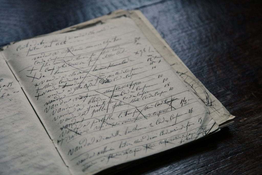 A notebook scribbled with thoughts sits open on a table.